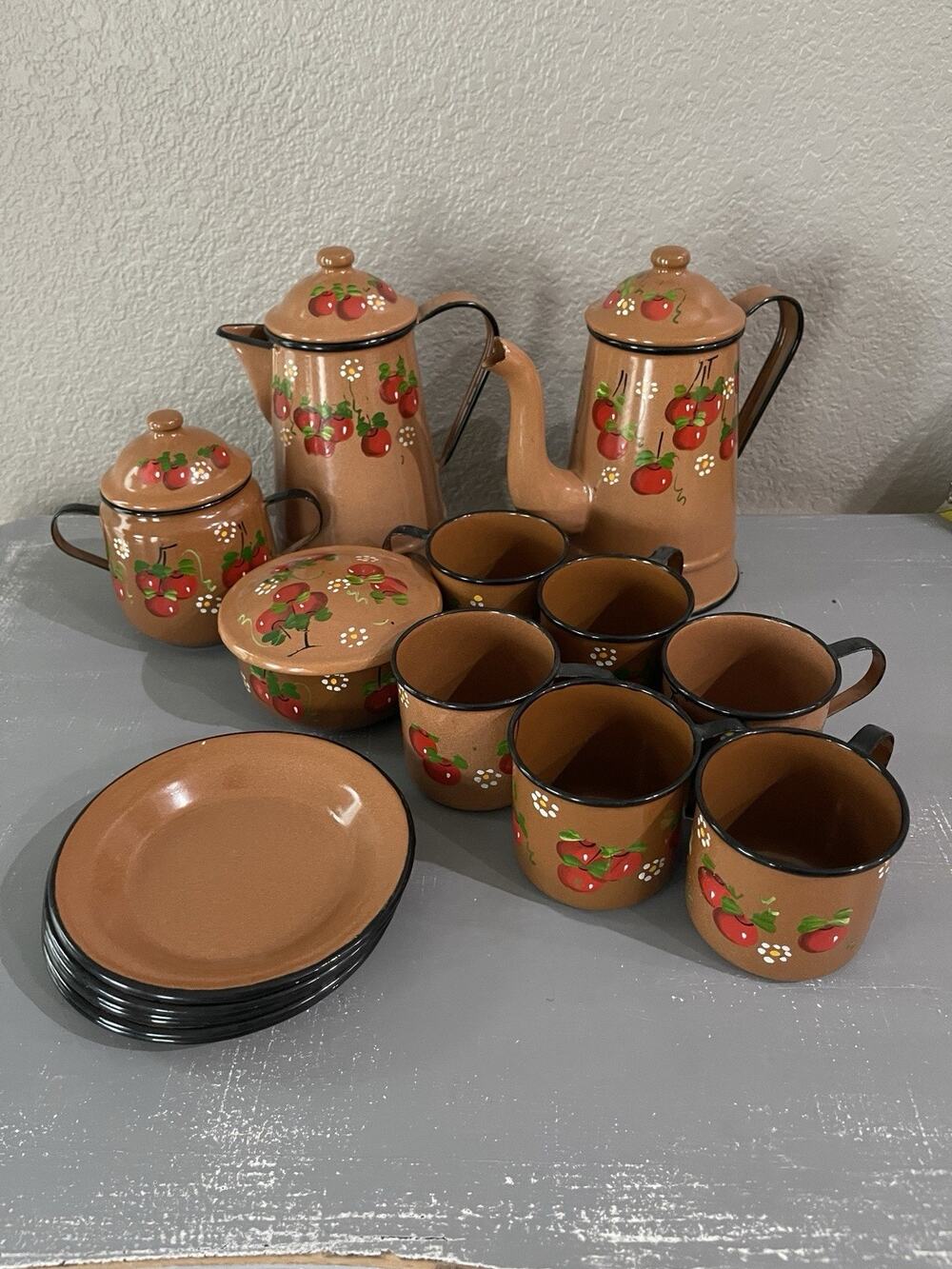 Vintage brown with hand painted cherries Enamel Tea Coffee Pot, cups, dishes set